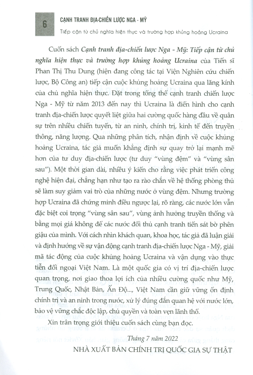 CẠNH TRANH ĐỊA - CHIẾN LƯỢC NGA - MỸ: Tiếp Cận Từ Chủ Nghĩa Hiện Thực Và Trường Hợp Khủng Hoảng UCRAINA (Sách chuyên khảo)