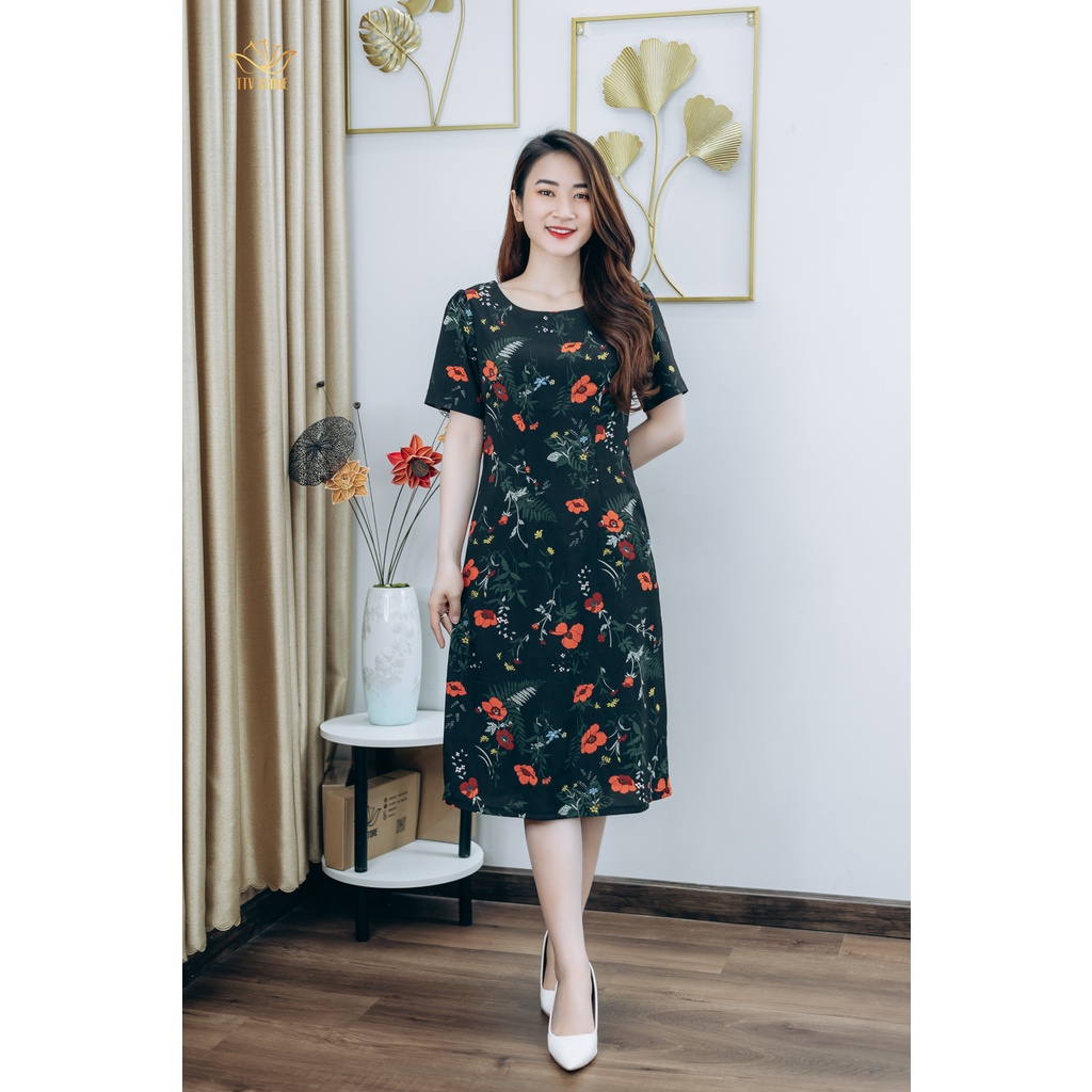 Đầm suông thiết kế trung niên sang trọng Cổ tròn tay ngắn màu Đen họa tiết hoa TTV STORE TTV1252