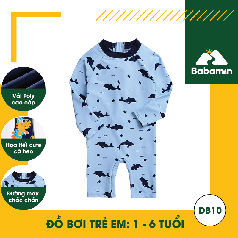 Đồ Bơi Trẻ Em Liền Thân 1 - 6 Tuổi - Babamin - Họa Tiết Cá Heo Dễ Thương - DB10