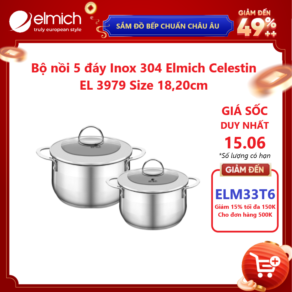 Bộ nồi 5 đáy Inox 304 Elmich Celestin EL 3979 Size 18, 20cm