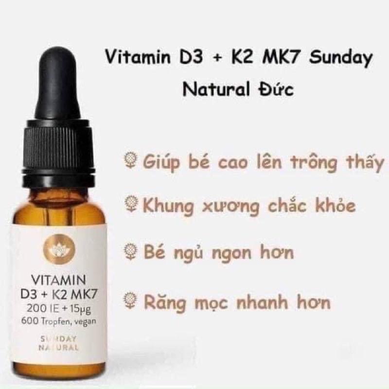 Vitamin D3 K2 Mk7 Sunday Natural, Dùng Cho Trẻ Sơ Sinh, Dung Tích 20ml, Nhập Đức