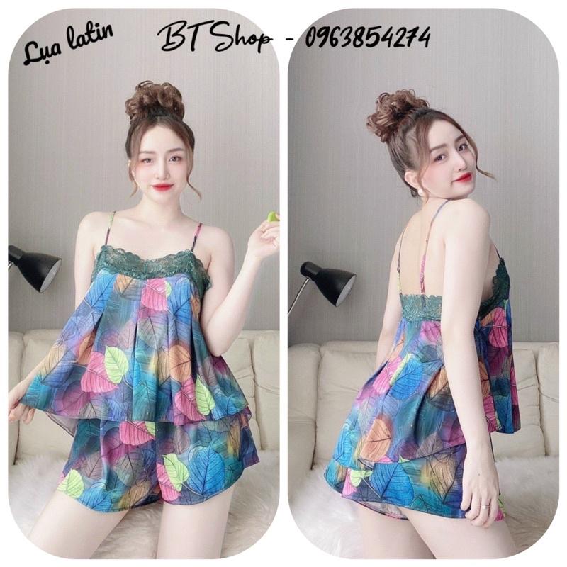 Đồ ngủ lụa latin 2 dây phối ren quần đùi ống rộng freesize 42-57kg