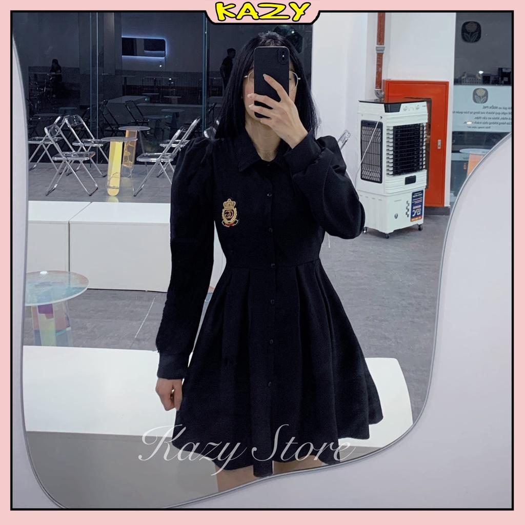 Váy sơ mi logo khoét lung thắt nơ tay dài KAZY STORE V023