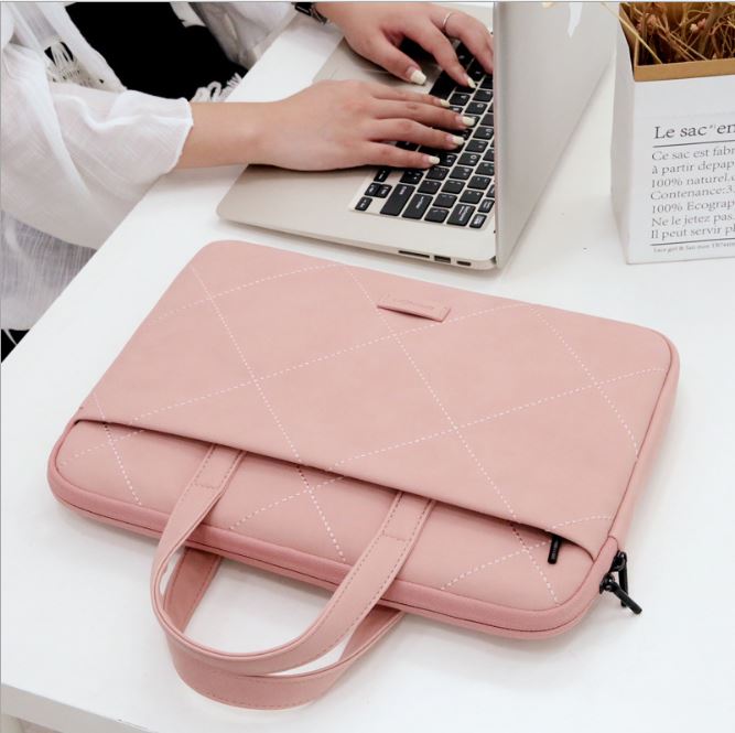 Túi xách da chống sốc cho máy tính, macbook, laptop màu hồng cute - Tặng kèm gấu bông và ví đựng phụ kiện