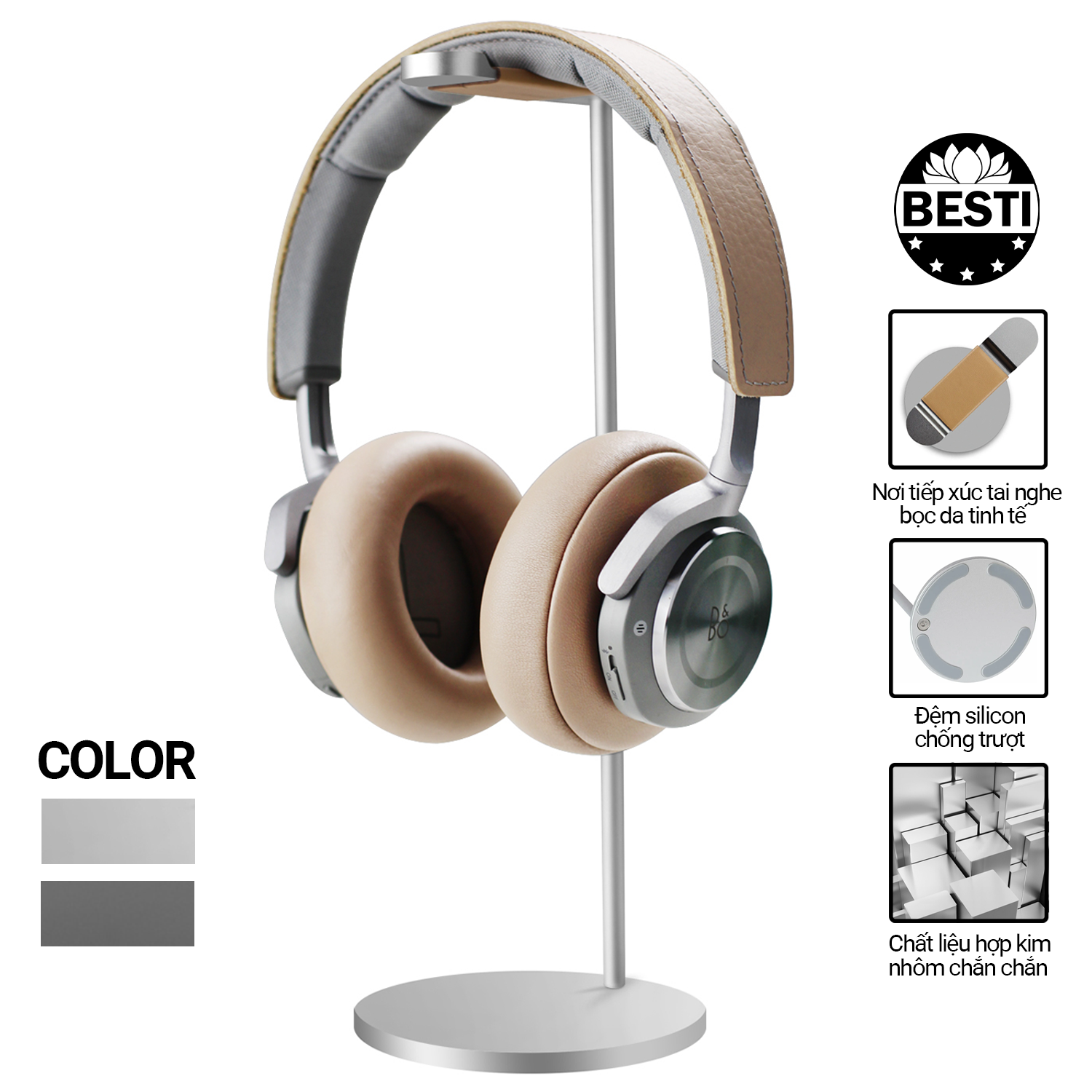 Kệ Nhôm Để Tai Nghe, Giá Đỡ Treo Headphone Besti, Hợp Kim Nhôm Cao Cấp Kiểu Dáng Sang Trọng Để Bàn - Hàng Chính Hãng - Silver