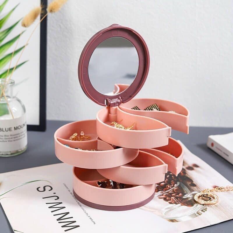 Hộp tròn đựng đồ trang sức mỹ phẩm xoay 4 tầng có gương