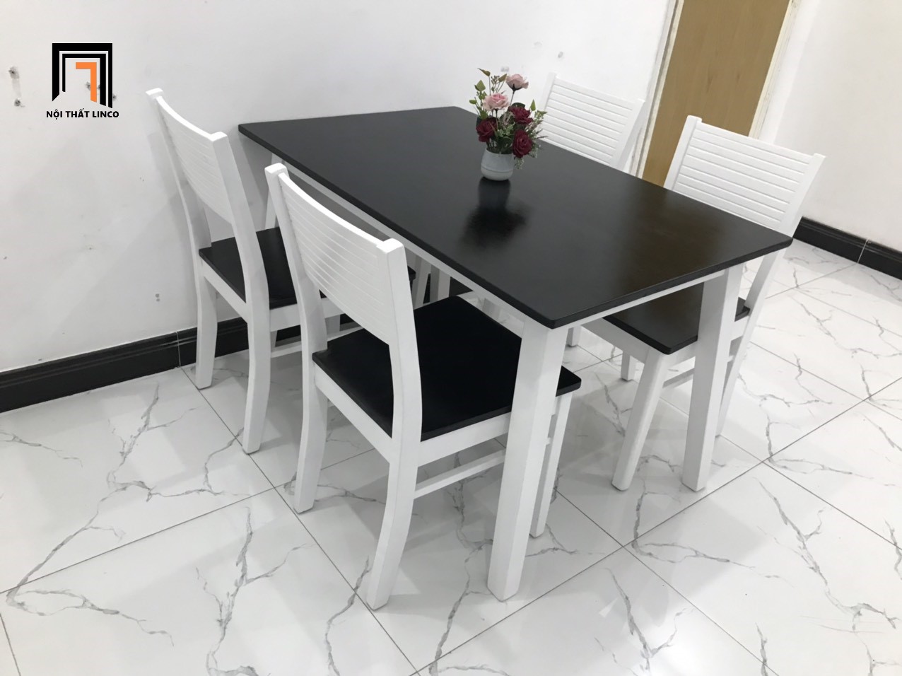 Bộ bàn ghế cherry trắng đen 1m2 gỗ cao su