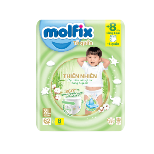 Tã/bỉm quần Molfix Thiên nhiên Ultra XL62 (12kg - 17kg) - Gói 62 miếng