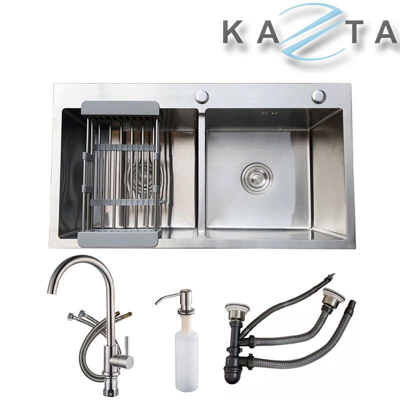 Combo Chậu Rửa Chén Bát Cao Cấp KAZTA KZ-CB8245T Inox Gồm: Chậu Rửa Chén 2 Hộc, Vòi Rửa Chén Nóng Lạnh Và Phụ Kiện Kèm Theo