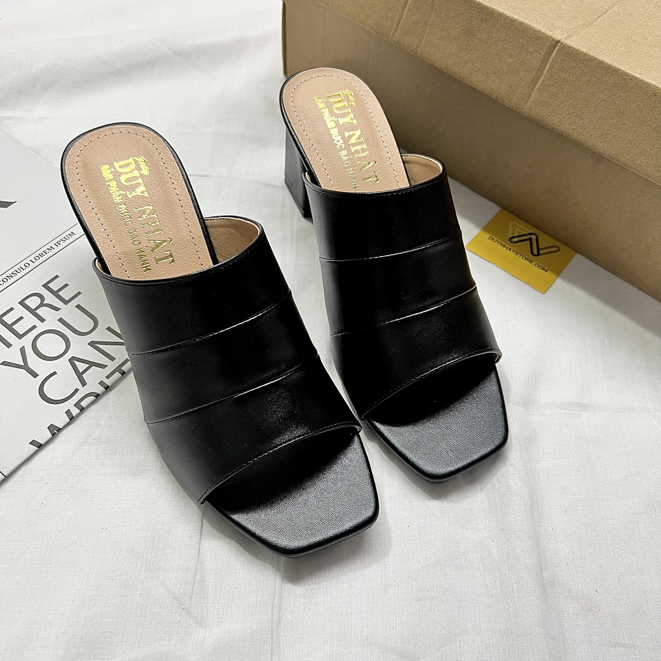 Dép Cao Gót Quai Ngang Giày Duy Nhật Store Phối Da Mờ Chữ H Trơn Bảng To Gót Mũi Vuông Đẹp Cao Cấp 5cm Đen Trung Niên
