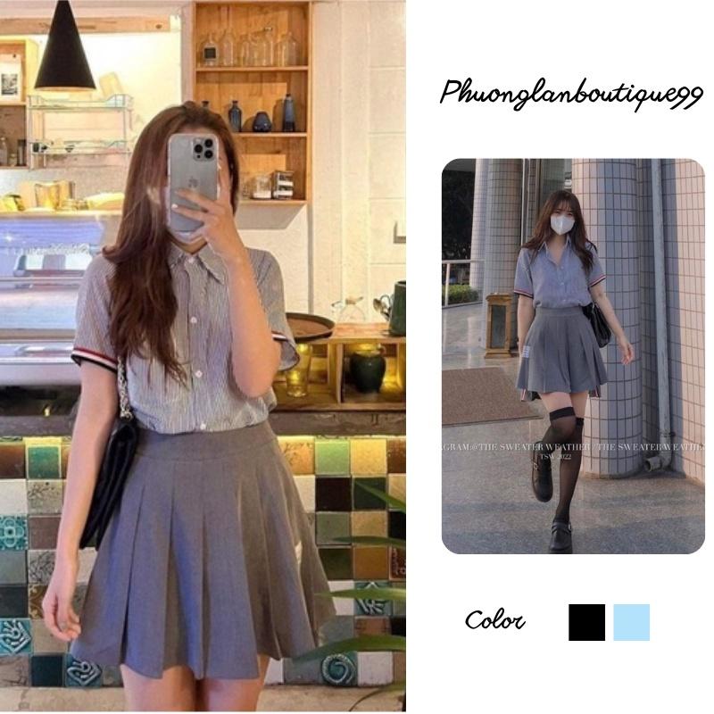 Set bộ, Chân váy xếp li tennis và áo sơ mi kẻ đen cổ bẻ Hàn Quốc Ulzzang phong cách nữ tính PHULA