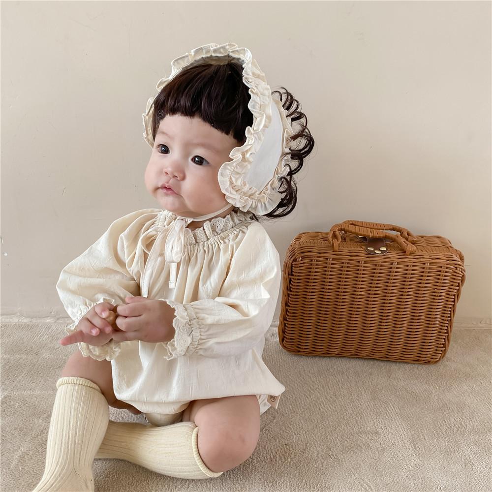 2021 Thu Sơ Sinh Bé Gái Bodysuit Màu Bé Gái Cotton Quần Áo Trẻ Sơ Sinh Bé Gái Tay Dài Jumpsuit Ren Dây Đeo Đầu