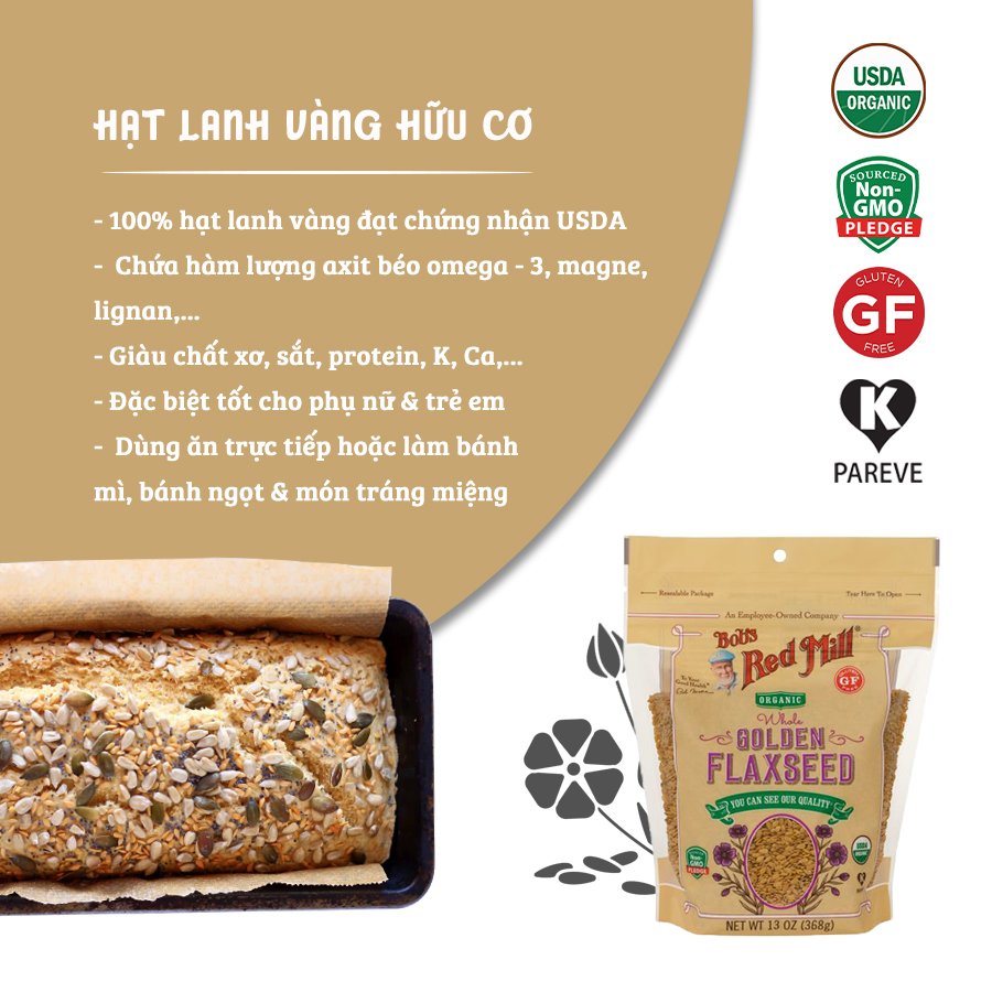 Hạt lanh vàng hữu cơ Bob's Red Mill 368gr Organic Golden Flaxseed