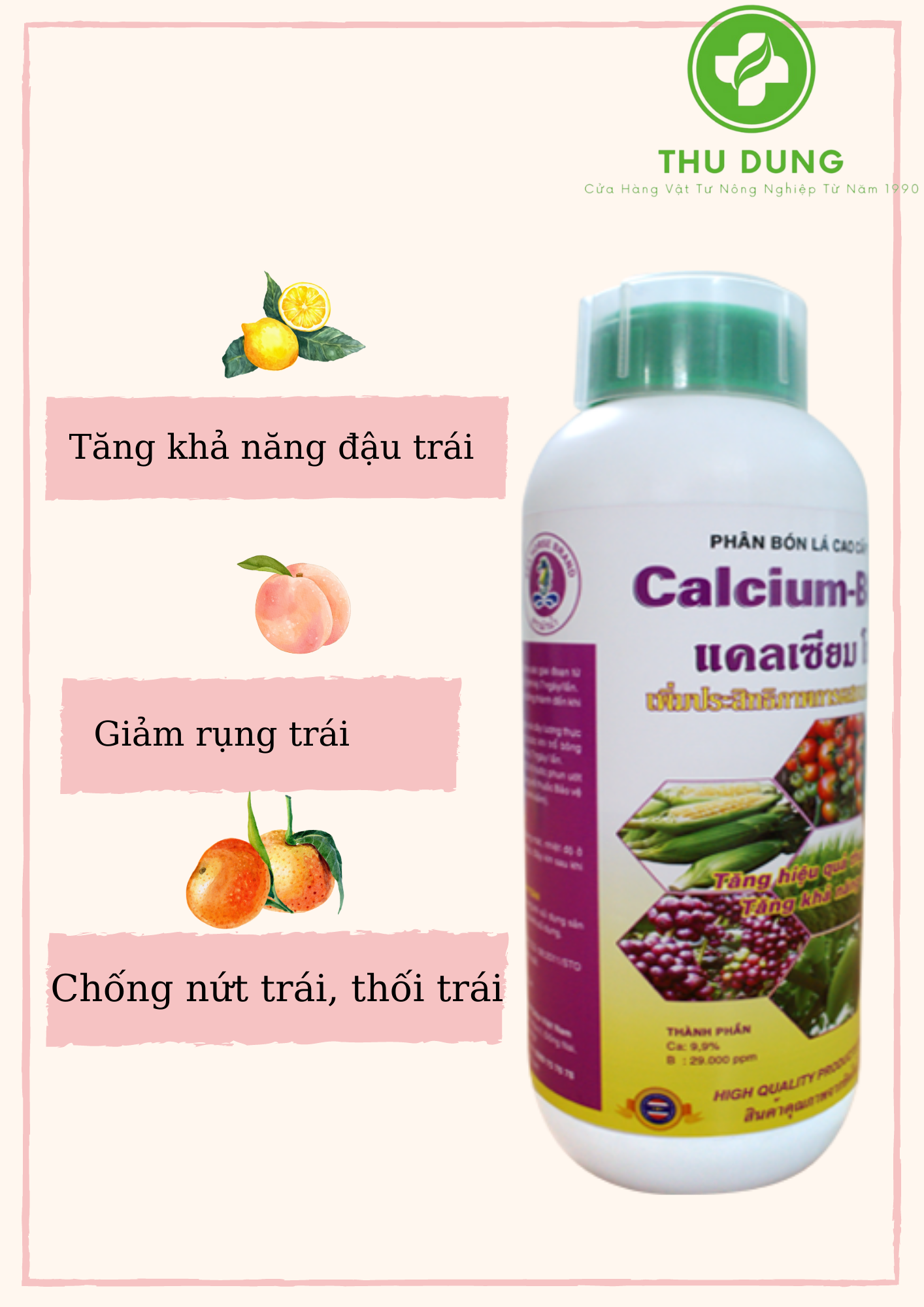 Phân bón lá sinh học Calcium BORON 500ml Tăng khả năng đậu trái, giảm rụng trái, chống nứt trái, thối trái