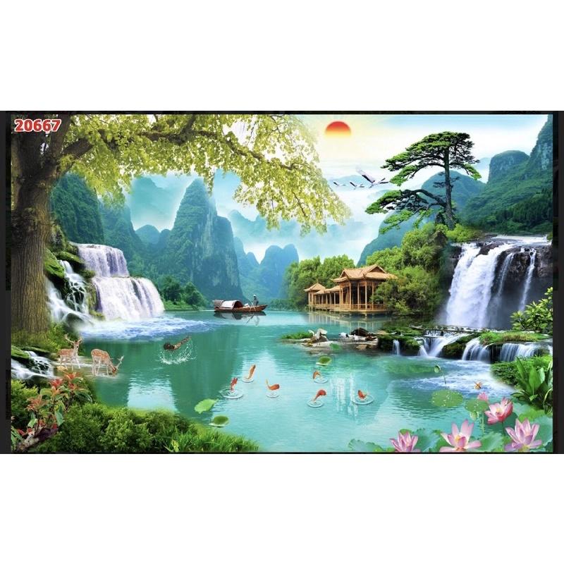 tranh phong cảnh thác nước dán tường 3d. tranh in vải lụa, chi tiết sản phẩm zalo 0981528893