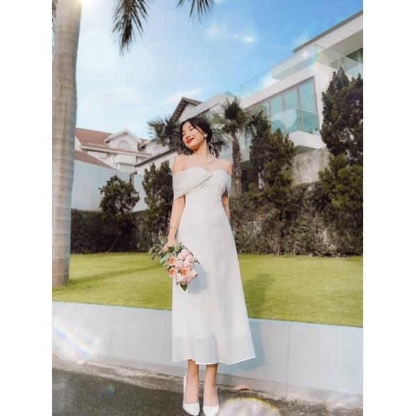 Fancy Dress | Đầm trắng dài trễ vai nơ cup ngực Story.clothes thời trang nữ