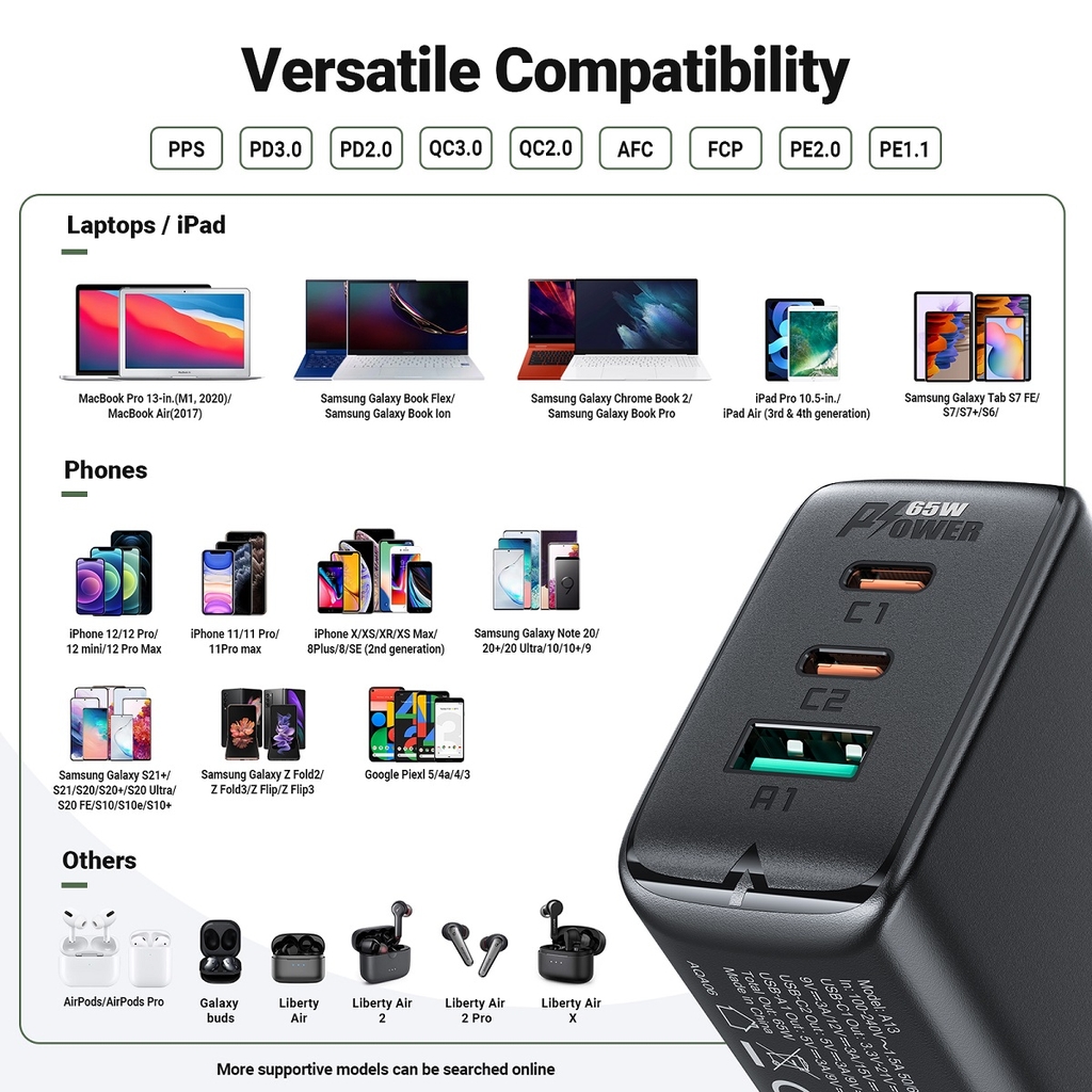 Sạc Acefast PD3.0 65W 3 cổng USB-C+USB-C+USB-A - A13 Hàng chính hãng Acefast