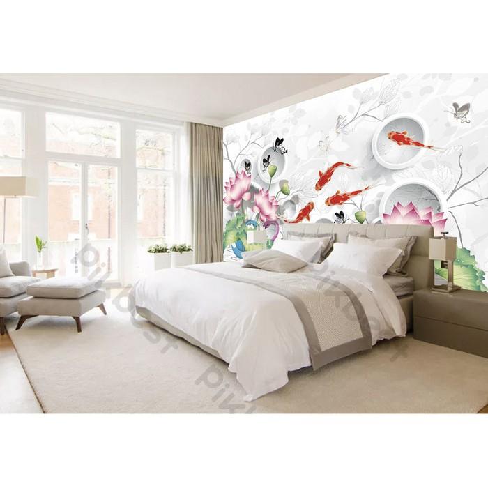 Tranh dán tường Hoa sen bướm và cá chép sang trọng, tranh dán tường 3d hiện đại MS1022687