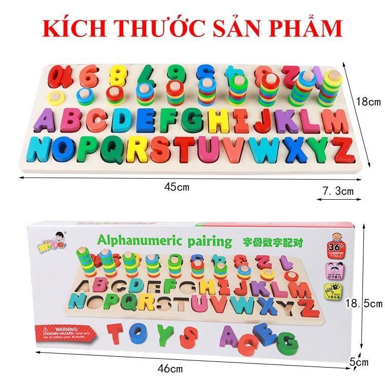 Bảng gỗ đa năng, Bảng chữ cái tiếng Anh, bảng số đếm, cột tính, phân biệt màu sắc, thả cọc luyện