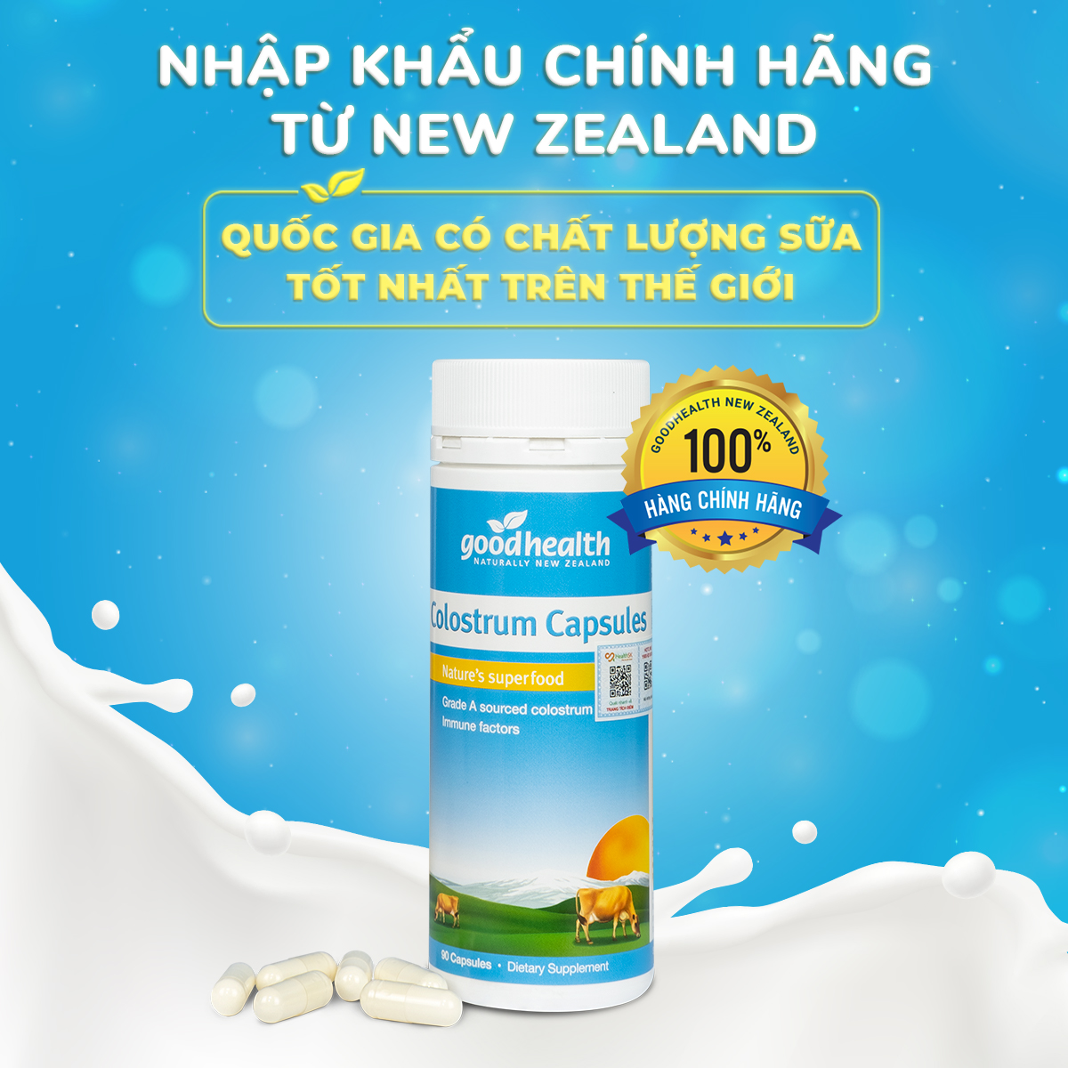 Sữa non viên  Goodhealth Colostrum Capsules hộp 90 viên- Tăng cường sức đề kháng-Hàng nhập khẩu chính hãng tại New Zealand