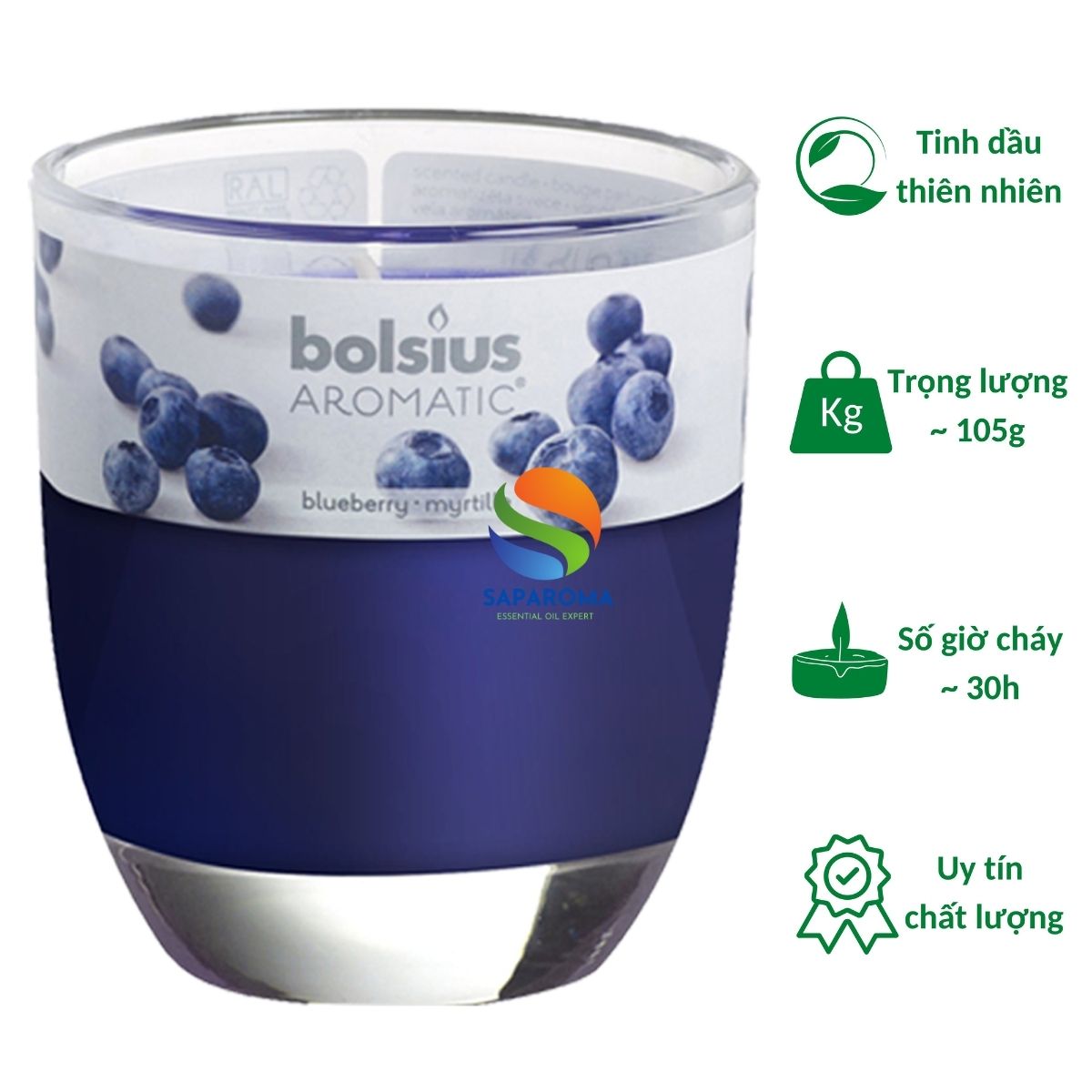 Ly nến thơm tinh dầu Bolsius Blueberry 105g QT024348 - hương việt quất, nến trang trí, thơm phòng, thư giãn, Hỗ trợ khử mùi