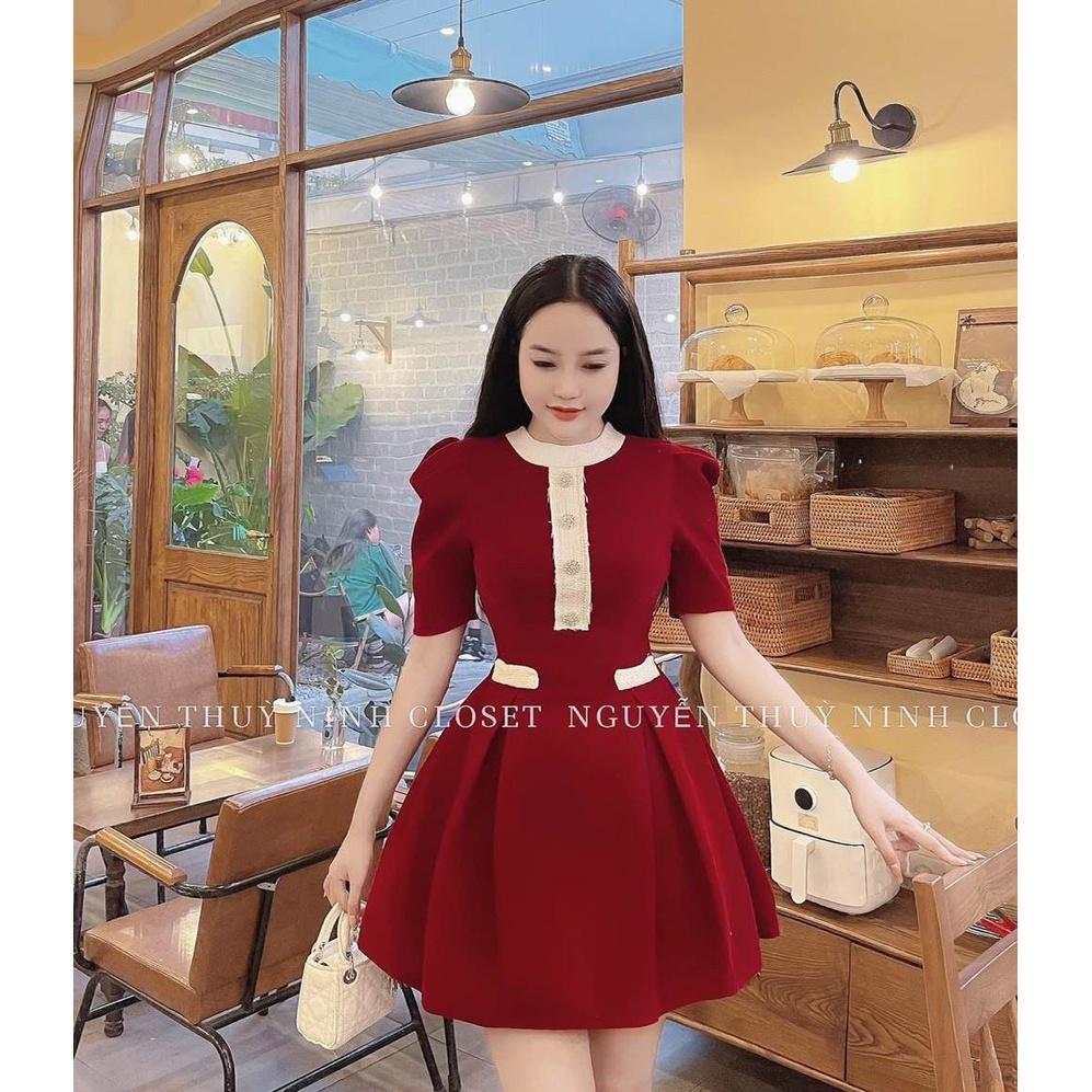 Đầm kiểu Nữ dáng xòe ôm eo phối nút nhung gợi cảm duyên dáng việt DSS257