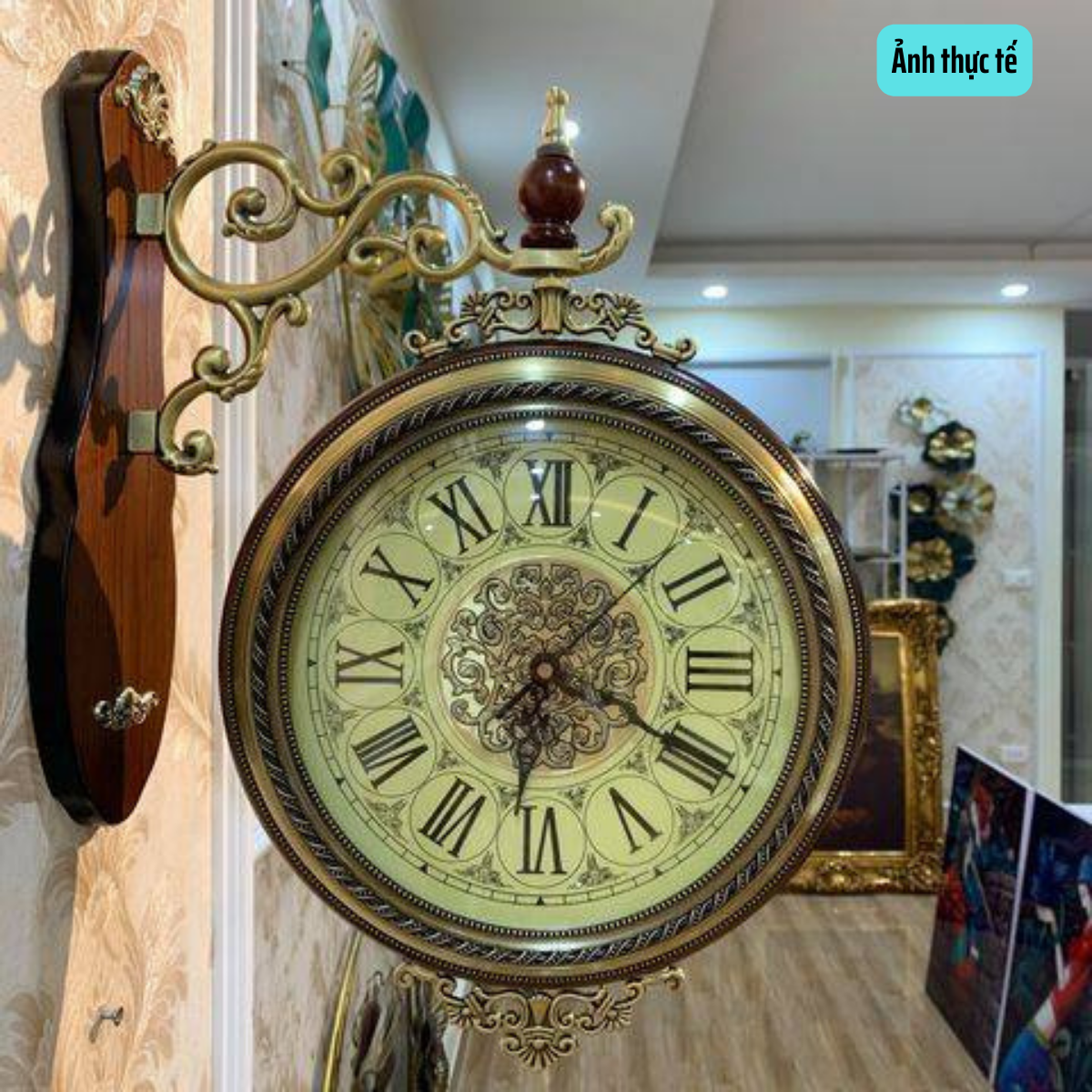 Đồng hồ treo tường 2 mặt, phong cách Châu Âu, khung gỗ sồi Nga, mặt kính sáng bóng sang trọng, Đồng hồ tân cổ điển mã DH24