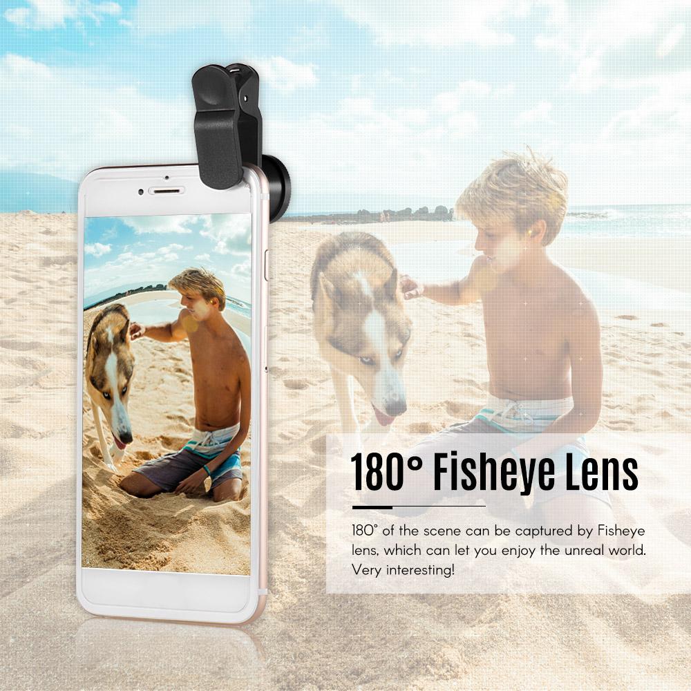 Universal Clip Lens Kit 180° Mobile Phone Fisheye Lens 0.67× Wide Angle Lens Macro Lens 3 in 1 with Clip for iPhone