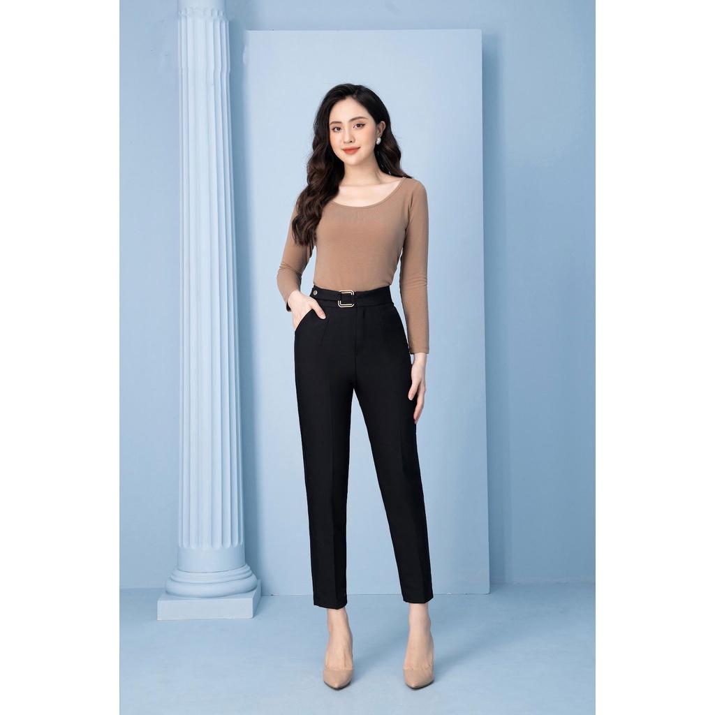 Quần Baggy Nữ Công Sở Đai Vuông, Màu Đen, Nâu Tây Sang Trọng. Chất Vải Vitex Cao Cấp, Cạp Cao Thanh Lịch