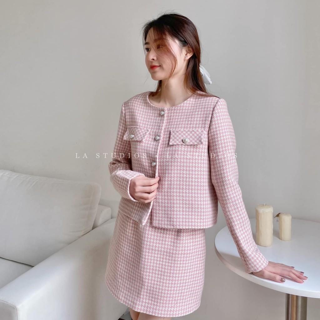 Set dạ tweed hồng Hàn Quôc