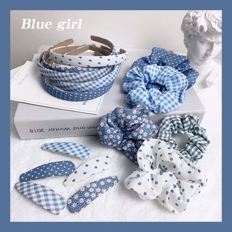 Sét 3 sản phẩm cài tóc  blue girl (kẹp, dây, bờm) dễ thương