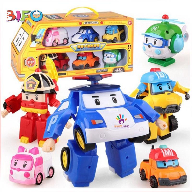 Hộp 6 đồ chơi biến hình biệt đội Robocar Poli 6 xe lắp ráp Policar 2 trong 1