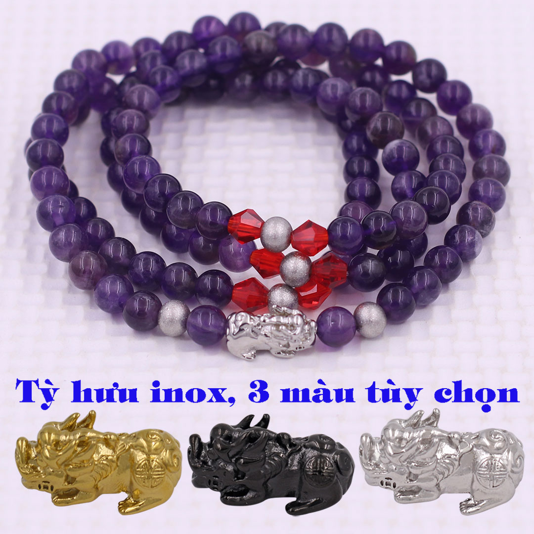 Vòng chuỗi 108 hạt Đá Thạch anh Tím than charm tỳ hưu inox - Chuỗi hạt 6 ly, 8 ly - Vòng chuỗi niệm Phật Bình an, May mắn - Mệnh Hỏa, Thổ