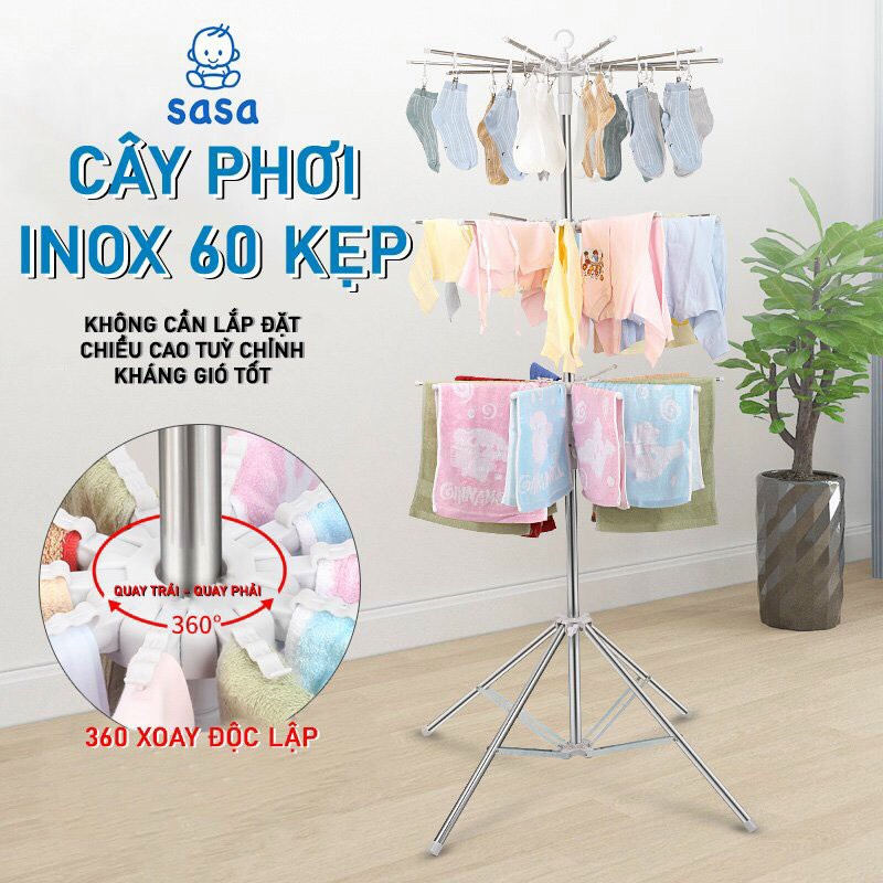 Cây phơi đồ thông minh đa năng CAO CẤP inox 3 tầng(2 tầng kẹp, 1 tầng thanh phơi)