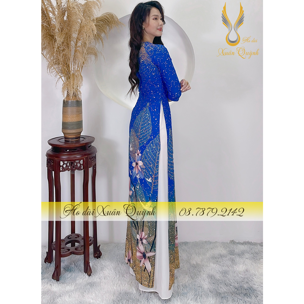 Áo Dài Truyền Thống Hoa Phối Chấm Bi Sang Trọng, Thanh Lịch Lụa Habutai Cao Cấp K66