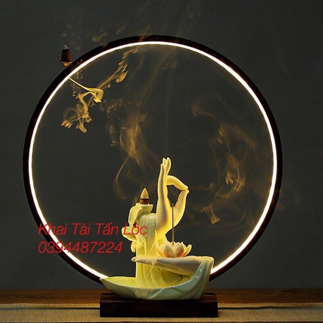 Thác khói trầm tay Phật hoa sen gốm có đế đèn led tặng 10 nụ trầm sạch