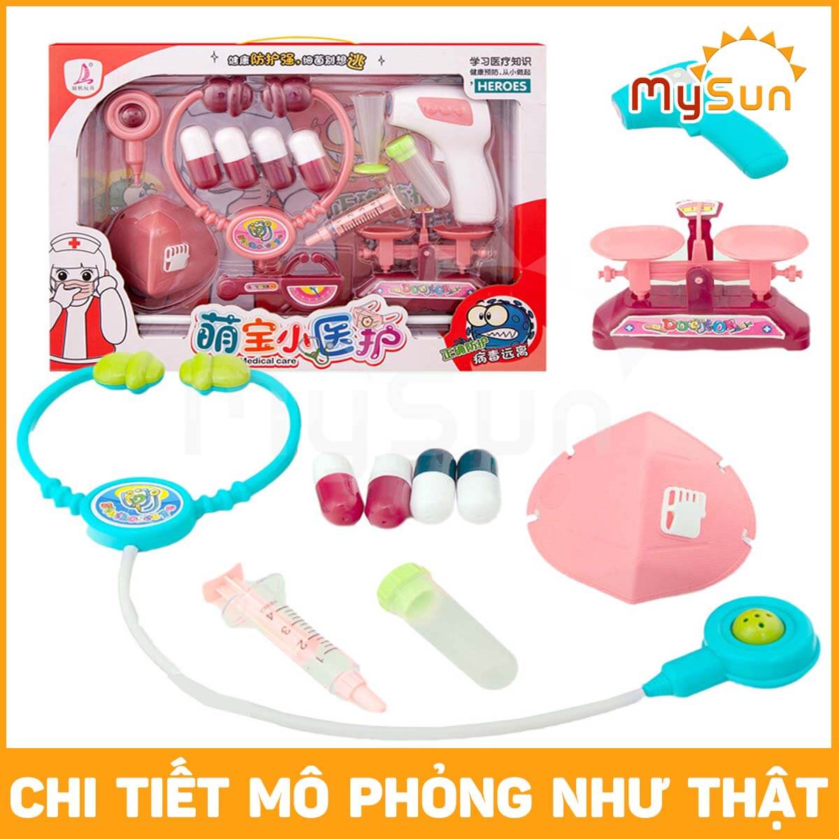 Bộ đồ chơi bác sĩ khám bệnh cho trẻ em bé gái màu hồng, bé trai màu xanh nhập khẩu.