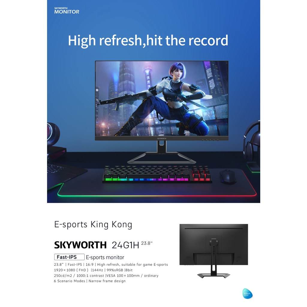 Màn hình máy tính SKYWORTH Gaming 23.8" Fast-IPS Full HD 144Hz VESA sRGB 99% Tích hợp loa 24G1H - Hàng chính hãng