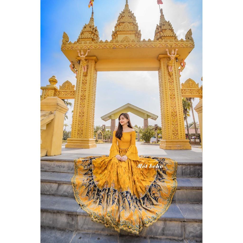 Áo voan trễ vai nhún ngực tay loe