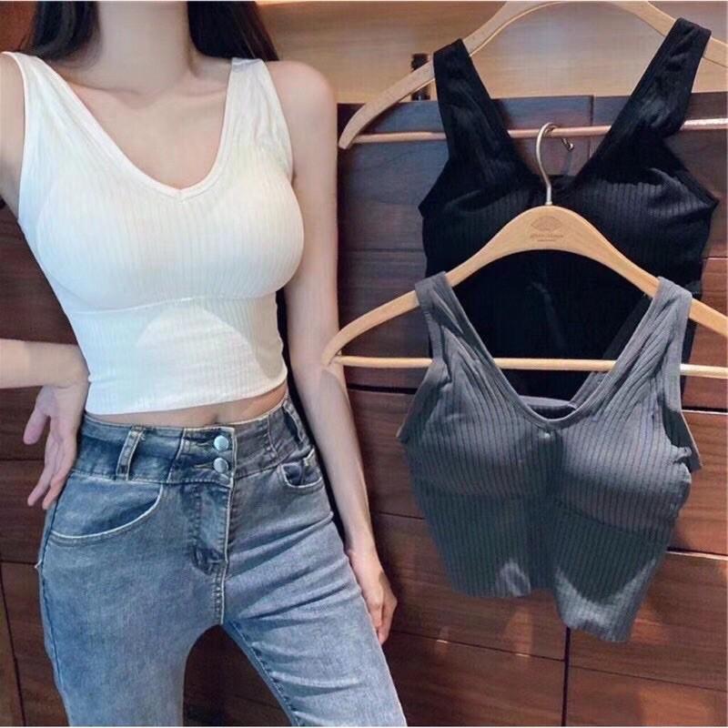 (BIGSIZE) Bra Dài. Áo Croptop thun gân tăm (kèm sẵn mút ngực)