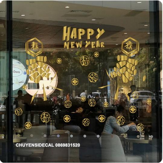 Decal trang trí Tết - Happy New Year ( ĐỎ - VÀNG )