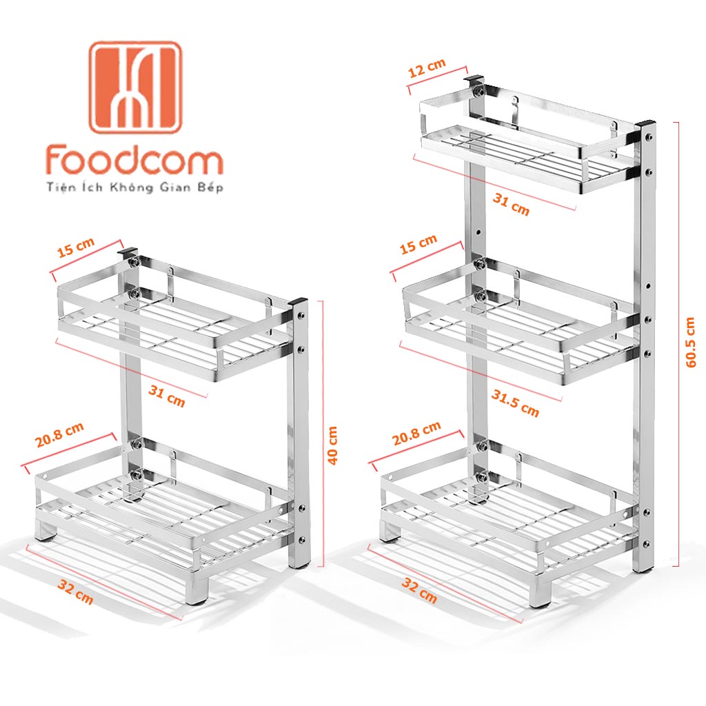 Kệ để gia vị đa năng cao cấp 3 tầng Foodcom chất liệu inox cao cấp không han gỉ, kệ đựng chai lọ đa năng, kệ để đồ nhà bếp gọn gàng sang trọng hơn, tiết kiệm không gian gia đình