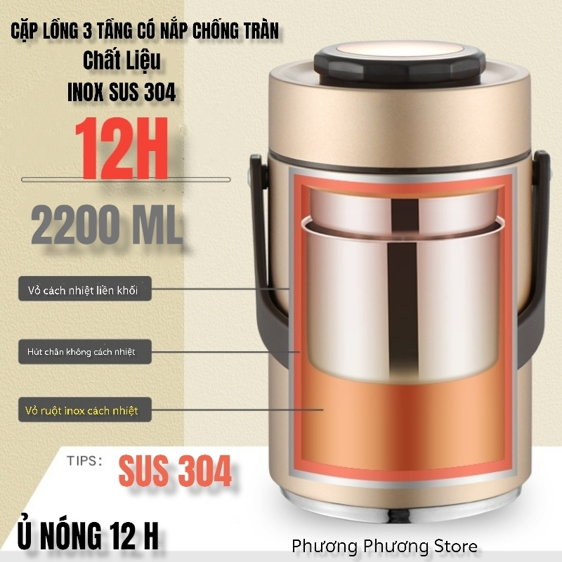 CẶP LỒNG, CAMEN 3 TẦNG NẮP CHỐNG TRÀN GIỮ NHIỆT CAO CẤP INOX 304 DUNG TÍCH 2,2L HÀNG SIÊU ĐẸP