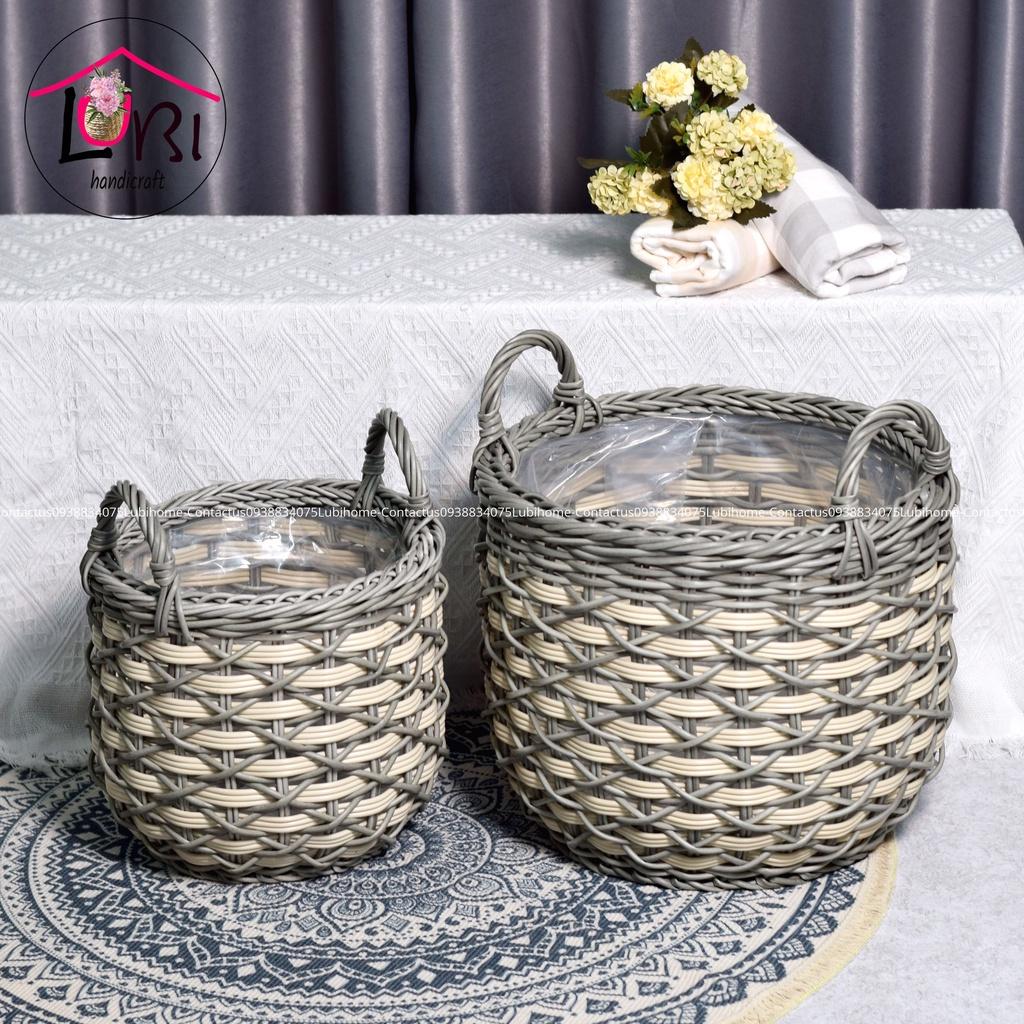 Lubihandicraft - Sọt đựng đồ tròn đan dây nhựa thắt chữ X cao cấp - bền, sang trọng