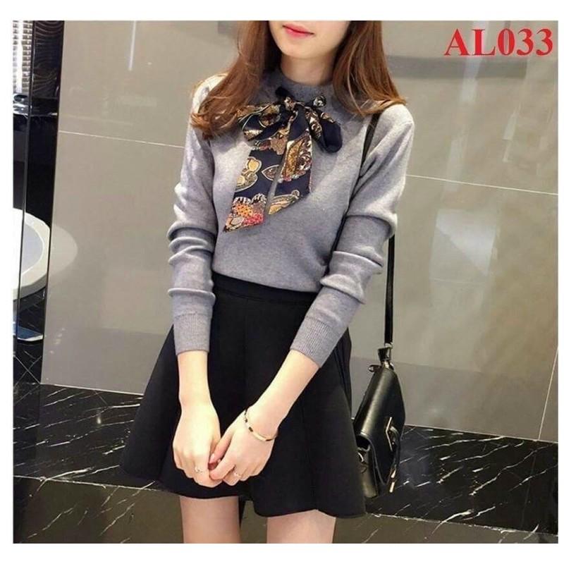 Áo cổ lọ thun gân kèm dây buộc nơ thu đông