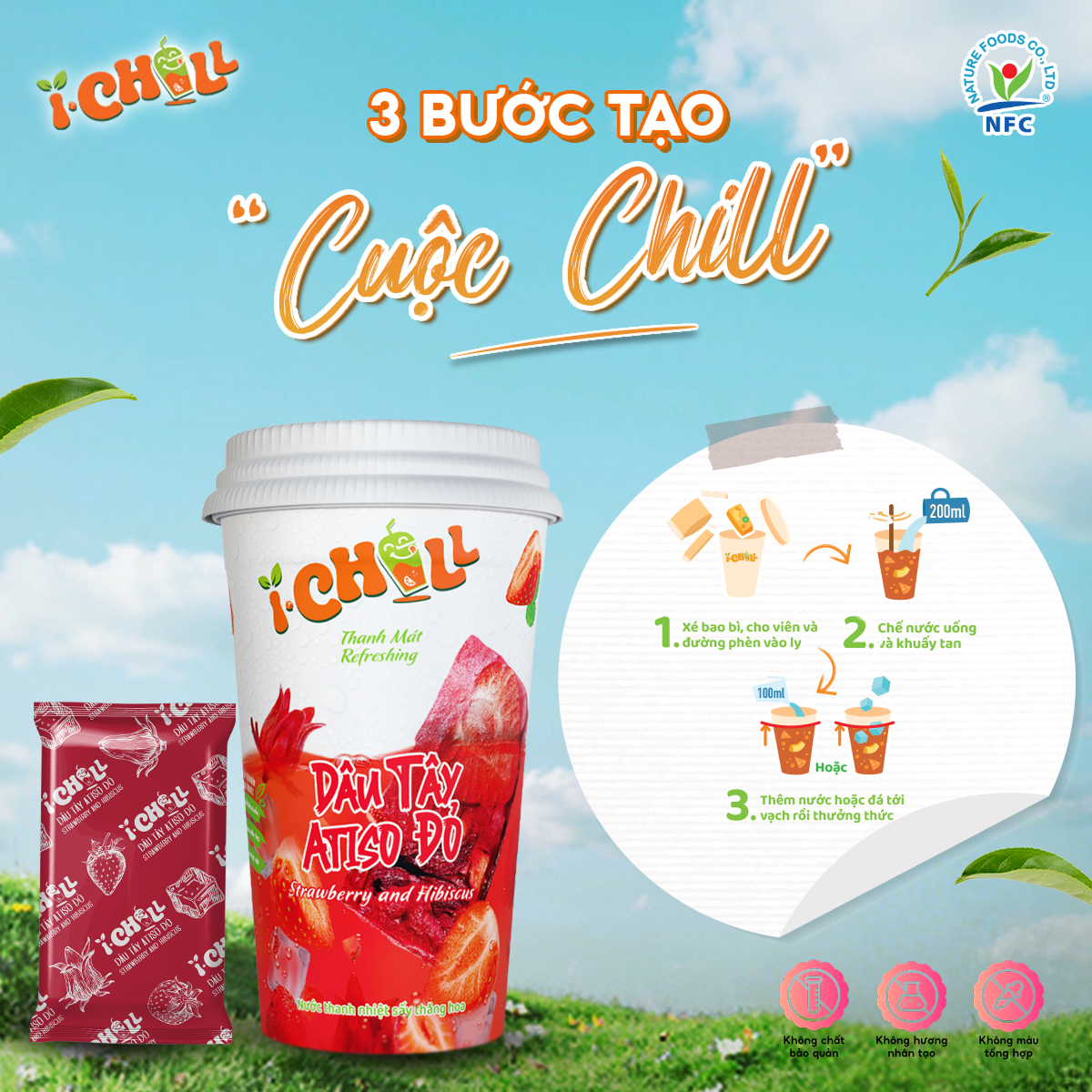 iChill Dâu Tây Atiso Đỏ Nước Thanh Nhiệt Sấy Thăng Hoa Từ Trái Cây Tự Nhiên