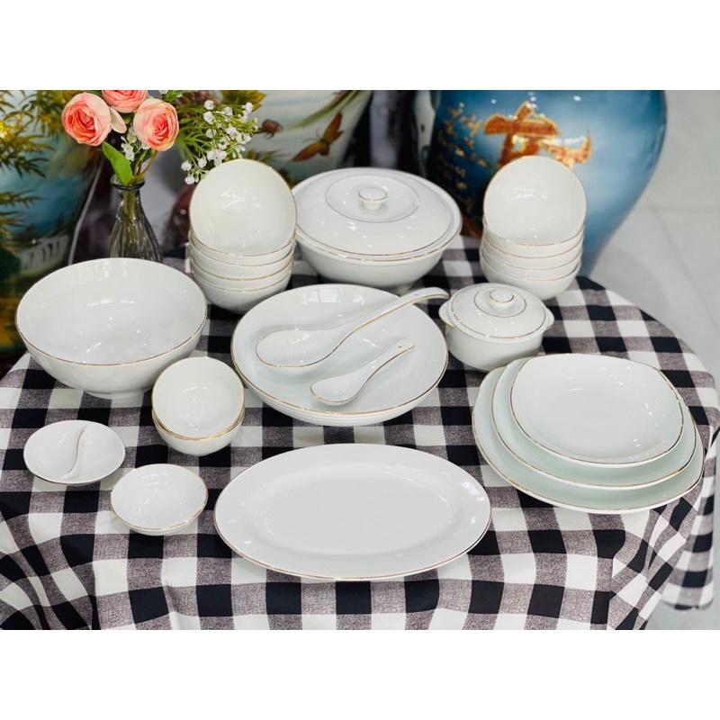 Set bát đĩa men trắng ngọc vẽ vàng. Gốm sứ Bát Tràng.