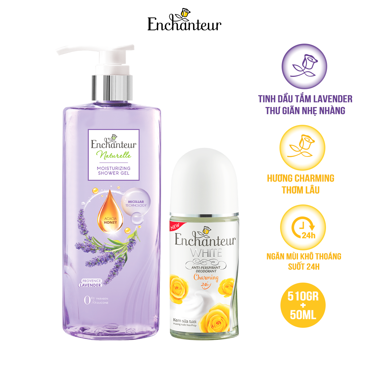 Combo Sữa tắm Enchanteur Naturelle hương hoa Lavender 510g + Lăn Khử Mùi Hương Nước Hoa Charming 50ml