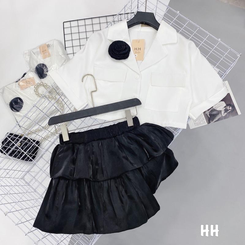 Set áo vest croptop kèm hoa mix chân váy tầng