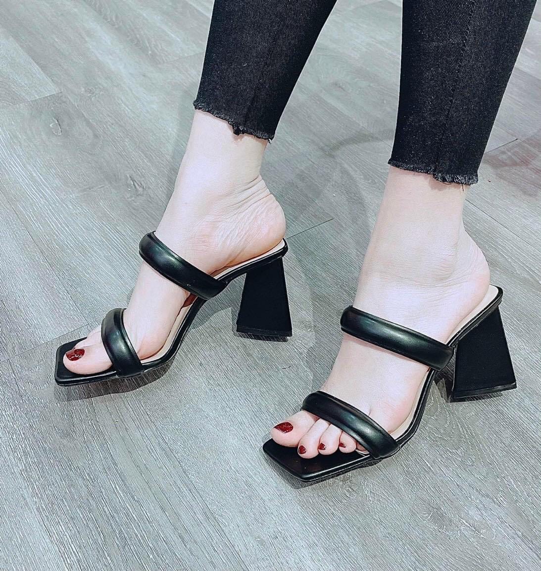 Dép cao gót nữ đế vuông thời trang dáng guốc sandal cao 7 phân quai ngang cao cấp